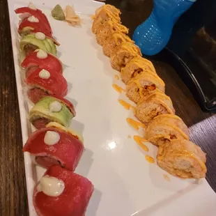 Left: Mardi Gras roll, right is Pink lady roll. Yummy!