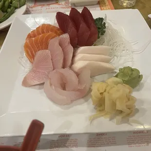 Sashimi, assorted fresh raw fish, salmon, tuna, yellowtail and a few I did not know.