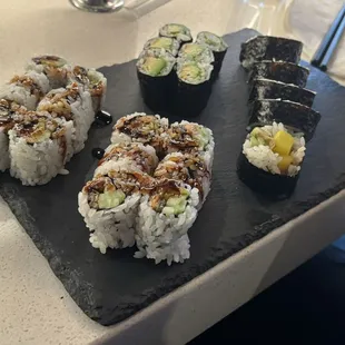Salmon skin roll x2, Avocado roll, and Vegetable roll