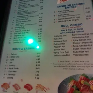 menu, sushi and sashimi