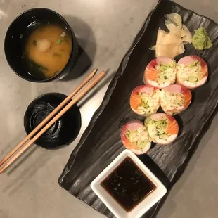 Miso Soup and Krystal Rainbow Roll