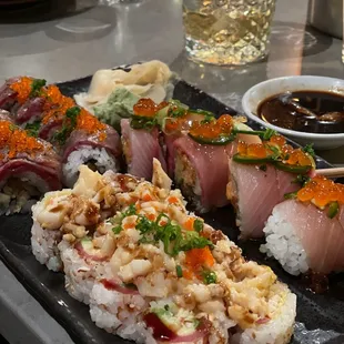 Tuna sushi, eel roll,  Salmon Kama Yaki