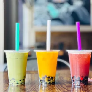 Matcha tea,  Mango and Honey Raspberry bubble tea We use real honey and fresh fruit
