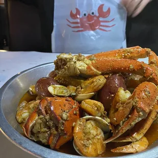 Delicious Seafood Combo! Crab legs, Shrimp, Clams, Lobster with red potatoes and two corn! Delicious, fresh!