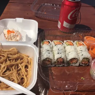 Crawfish rolls, hibachi noodle, snow crab salad.