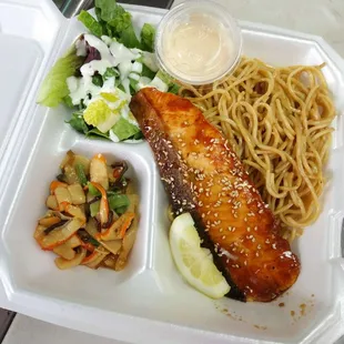 hibachi salmon with noodle and squid salad