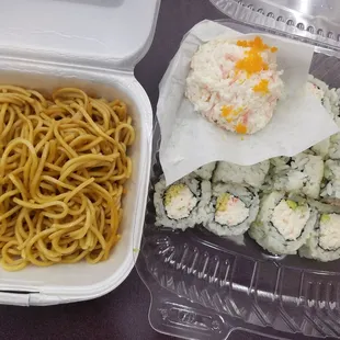 Crunchy Roll, Snow Crab Roll, Snow Crab Salad and Hibachi Noodles