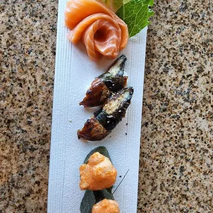 Spicy Scallop, Fresh Water Eel, Salmon Sashimi