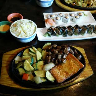 Steak &amp; Salmon Hibachi with fried rice Top right: Spicy Tuna Roll &amp; Eel Avocado Roll