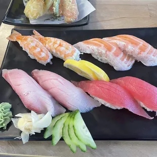 Ebi, salmon, hamachi and tuna nigiri