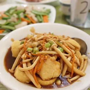 Japanese tofu with seafood mushrooms