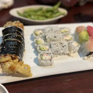 Spider Roll (Left) California Roll (Middle) Rainbow roll (Right)