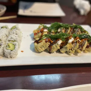 Cucumber Avocado Roll (Left) Vegan Shrimp Monsoon Roll (Right)