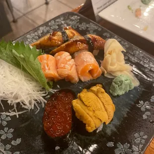 Unagi(eel) salmon belly, ikura, uni.