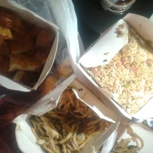 Bbq pork fried rice, chicken chow mein , chicken