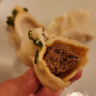 Inside of the Black Pepper Beef Dumplings (a moist, flavorful, and fatty meatball)