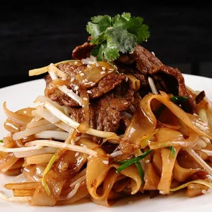 beef and noodles on a white plate