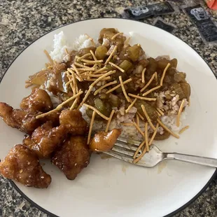 Sesame chicken and chicken chow main.