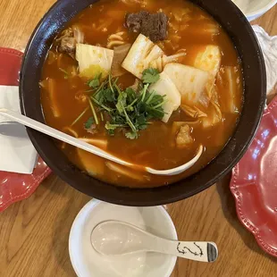 Beef noodle soup with hand noodles. $14.95