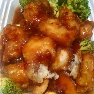 Heavily breaded general tso shrimp with watery sauce