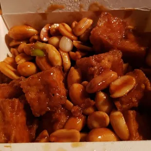 Kung pao tofu ($13.75). Not on the menu, but they&apos;ll make it for you. Nice flavor but it&apos;s 80% peanuts w/no vegetables.