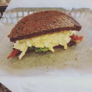 Egg Salad on toasted Pumpernickel Bread.
