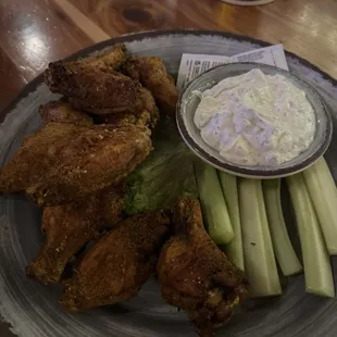 Dry rub wings and the best blue cheese I&apos;ve ever had