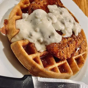 Chicken Fried Steak &amp; Waffle With Country Gravy