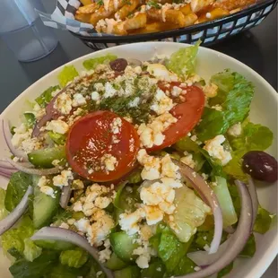 Greek salad &amp; Garlic Feta Fries