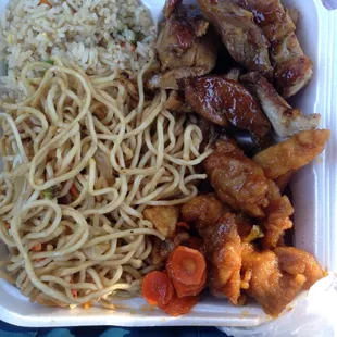 Chow mein/fried rice with orange chicken and teriyaki chicken.. Yummy and inexpensive!