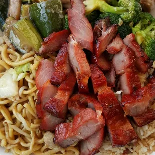 By chicken chow me in and BBQ pork fried rice combo with beef and broccoli, zucchini and chicken, plus their famous BBQ pork.  Yummmm!!!