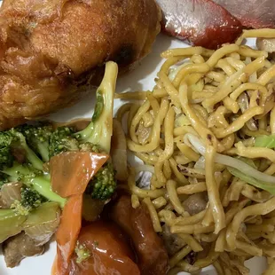 Fried chicken, beef and broccoli, sweet and sour pork, char siu, chicken chow mein