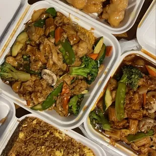 insane take out portions and amazing food! honey walnut shrimp, double pan fried noodles with chicken, Szechwan chicken, and egg fried rice