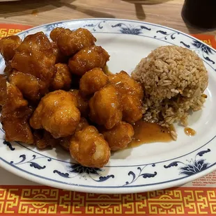 Orange chicken with fried rice.