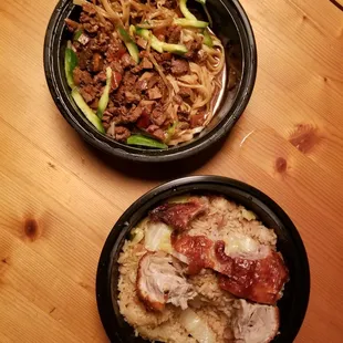 炸酱面 (zha jiang mian - noodles with ground pork and beansprouts) and rice plate with roast duck