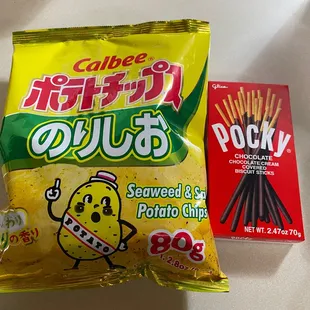 Seawweed chips and chocolate buscuit sticks (taste like chocolate pretzels but without the salt, YUMMY!)