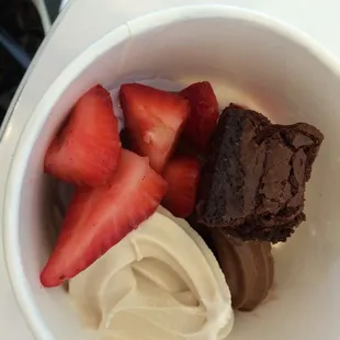 Chocolate and caramel sea salt fro yo with strawberries and brownie