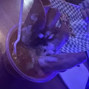 Tacos in a cup ^_^ ROLLED POTATO TACOS WITH SIPS OF HEAVEN