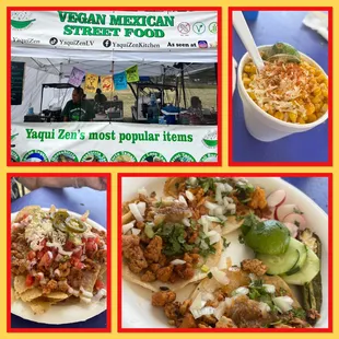 Top to bottom Left-Right The stand and logo-Ramen Esquite-Nachos Asada- street tacos...Chipotle &quot;chicken&quot;, asada, and Al pastor!