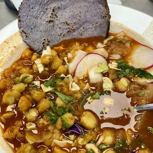 Vegan Menudo with housemade blue corn tortilla