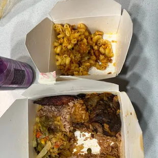 Brown Stew Chicken Meal with plantains, cabbage, rice and peas and Mac n cheese