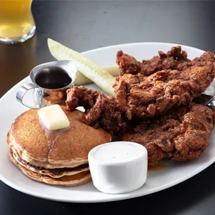 Meet a favorite, like our Nashville Hot Chicken, made with sweet potato pancakes, pickles, ranch dressing, honey hot sauce &amp; fried sage.