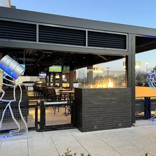 Outdoor seating area at sunset