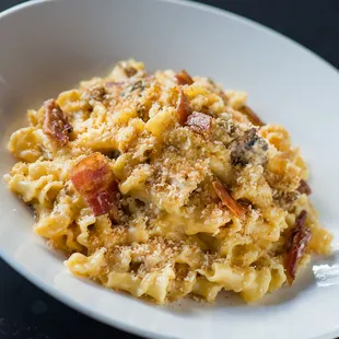 Mac + Cheese]² - With white truffle, bacon, chicken, crimini, shiitake &amp; oyster mushrooms, parmesan and panko cheddar crust.