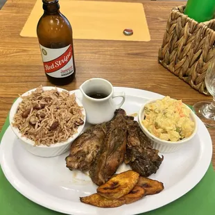 Jerk Chicken with Rice and Peas and plantain