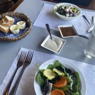Salad and bread. Dressings were great! I mixed the two together.