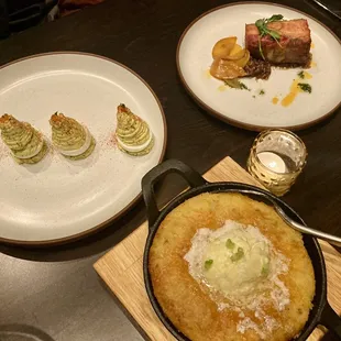 Deviled eggs, Cornbread, Pork Belly. Superb starters.