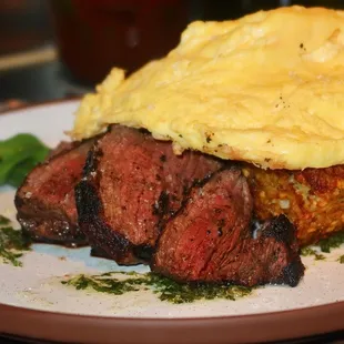 The Steak &amp; Eggs was made with Beef Tenderloin Medallions, Hash Browns, Sunny-Side Farmer's Eggs, &amp; Chimichurri Sauce.