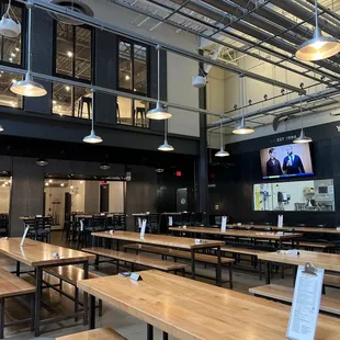 tables and benches in a large room