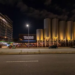 grain silos at night